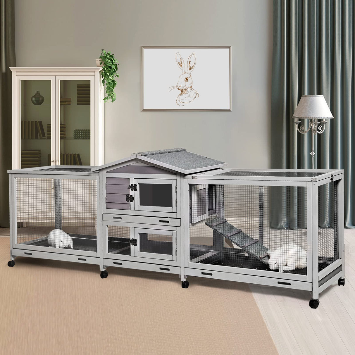 Rabbit Hutch Bunny Cage Indoor & Outdoor Rabbit Cage on Wheels, Large Guinea Pig Cage with 4 Deep No Leakage Pull Out Trays - 93.7" GUTINNEEN