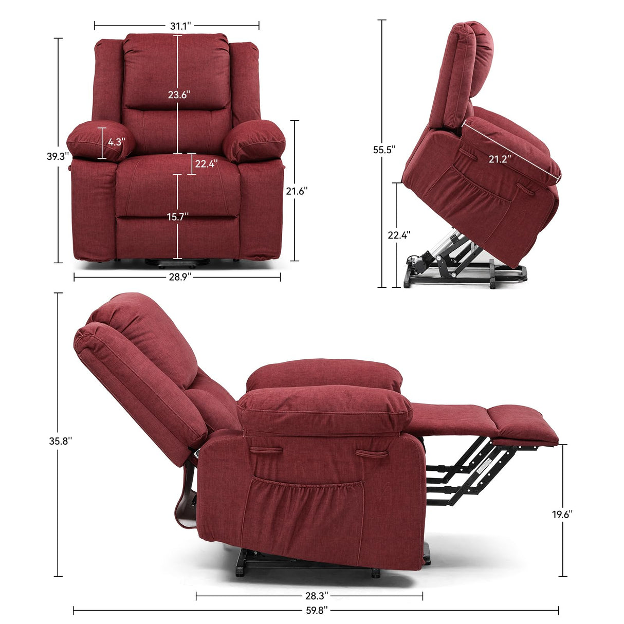 COMHOMA Power Up Lift Chairs Recliners for Elderly, Electric Recliner Chair with Massage and Heat,2 Side Pockets, Fabric (Red) COMHOMA