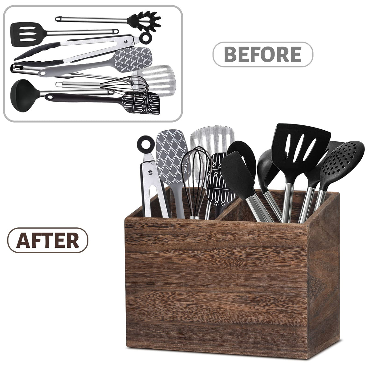 Wooden Kitchen Utensil Caddy With 2 Compartments, Rustic Kitchen Utensil Holder for Kitchen Countertop, Wood Utensil Crock Organizer Box for Farmhouse Kitchen Decor (brown) RJMKD