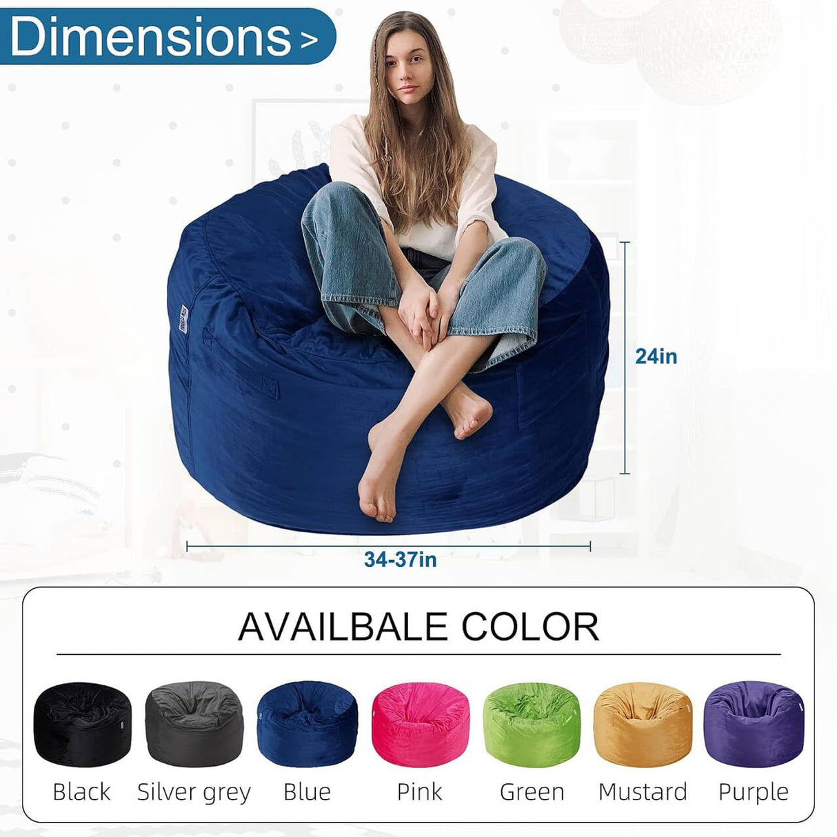 HABUTWAY Bean Bag Chair 3Ft Luxurious Velvet Ultra Soft Fur with High Rebound Memory Foam Bean Bag Chairs for Adults Plush Lazy Sofa with Fluffy Removable Sponge 3' (Blue) HABUTWAY