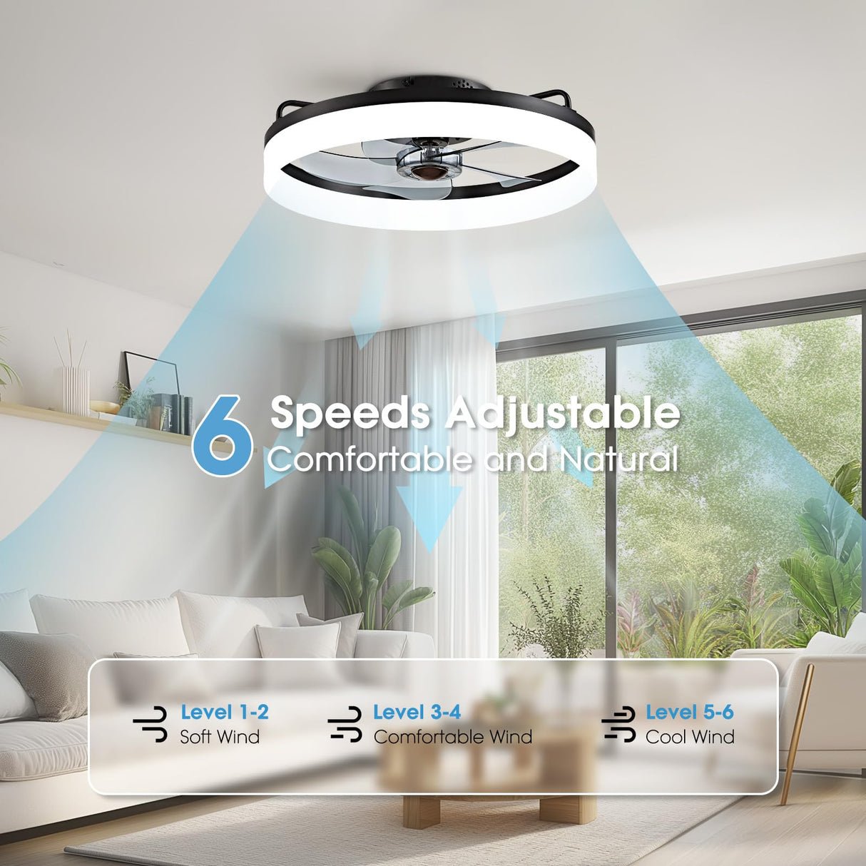 LUDOMIDE Ceiling Fans with Lights, Flush Mount Ceiling Fan with Lights and Remote, 6 Wind Speeds Low Profile Ceiling Fan for Bedroom, Kids Room and Living Room 20" (Black) LUDOMIDE