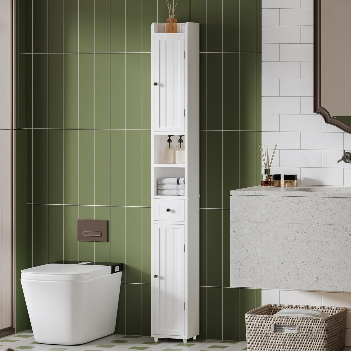 ChooChoo Narrow Bathroom Storage Cabinet with Adjustable Shelves, Tall Storage Cabinet with 2 Doors and 1 Drawer, Freestanding Cupboard for Small Spaces, White ChooChoo