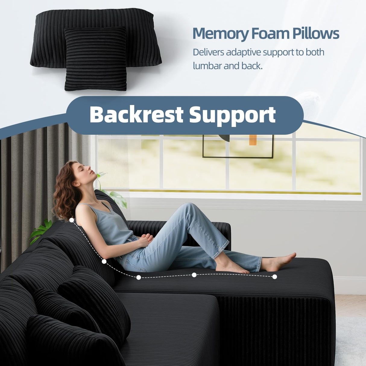 Mvpipi Cloud Couch U-Shaped Sectional Sofa, 134'' Modular Boneless Couches for Living Room, Corduroy Deep Seat Sofa with 2 Chaise Lounges and 1 Loveseat, 30D High-Resilience Foam, No Assembly, Black Mvpipi