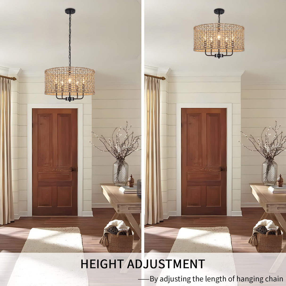 LASENCHOO 5 Lights Rattan Wicker Drum Chandeliers for Dining Room, Dia 19" Drum Pendant Light Fixture Hanging Boho Chandelier for Living Room Kitchen Entryway Hallway Bedroom, Height Adjustment LASENCHOO