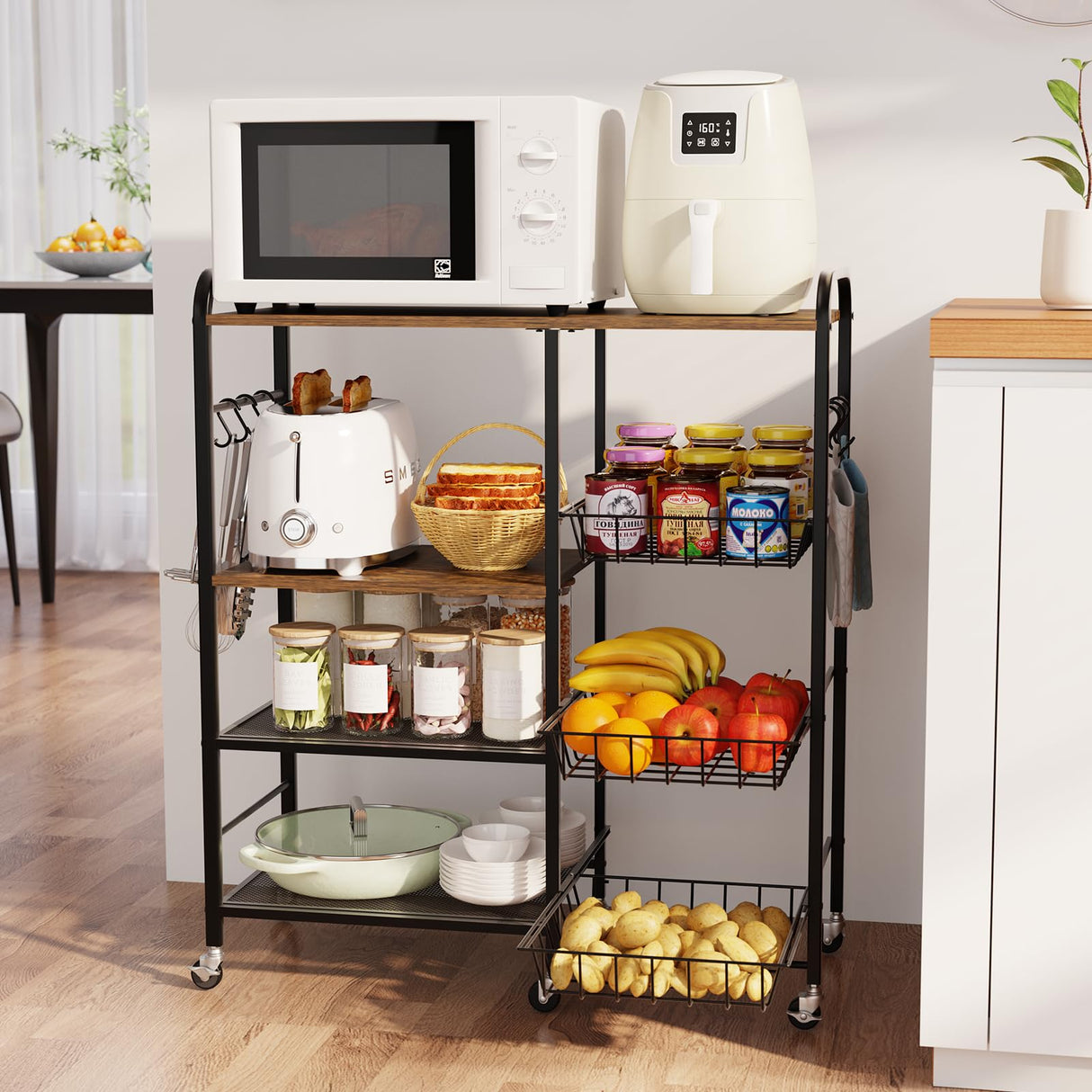 HapiRm Rolling Kitchen Microwave Cart - 4 Tier Microwave Table Stand with Pull-Out Baskets, Coffee Bar Baker's Rack with Wheels Rolling Storage Cart Organizer Shelf for Living Room Office, Balcony HapiRm