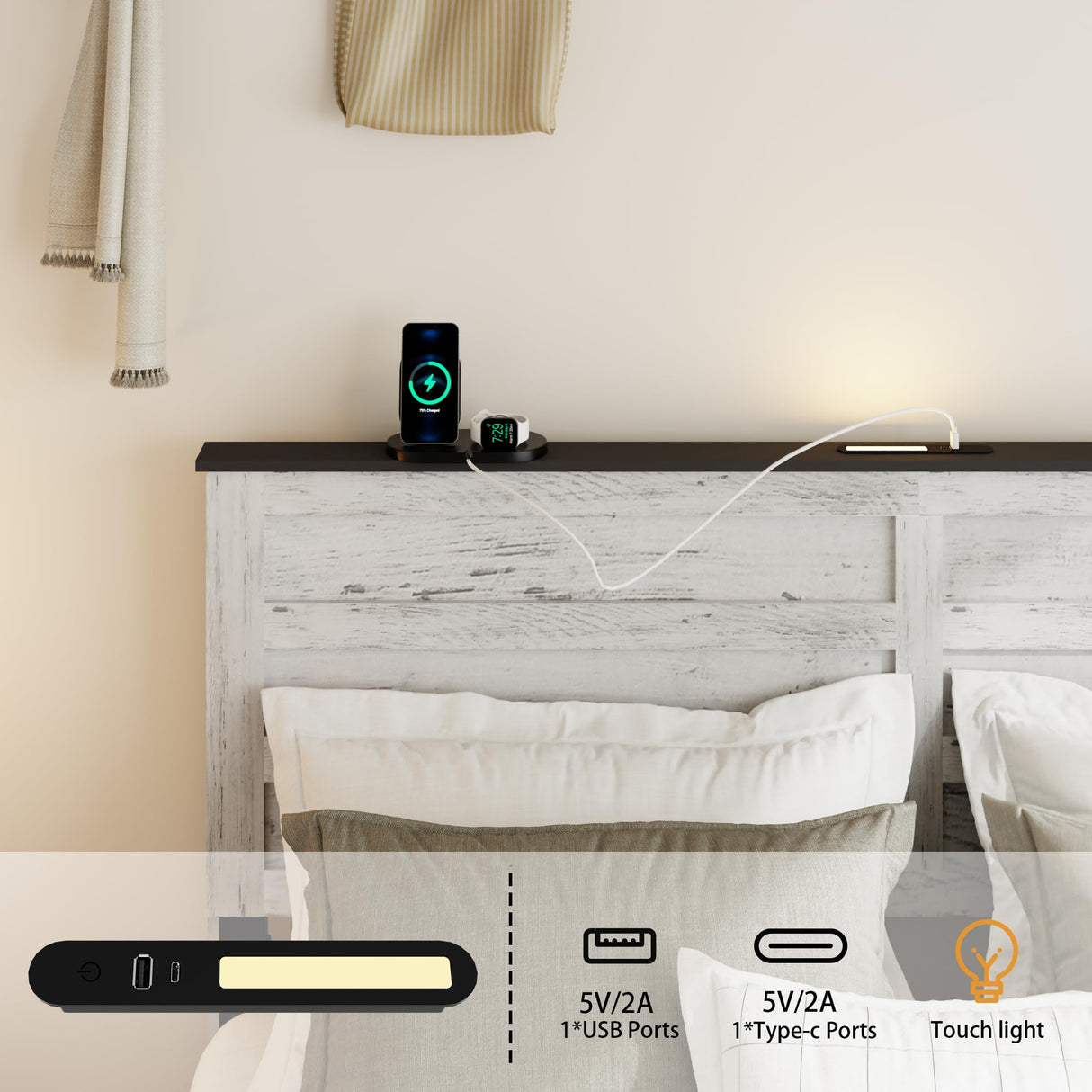 SAMTRA Wooden Queen Size Bed Frame with Headboard, Boho White Farmhouse Storage Bedframe with Sliding Barn Door Footboard and Charging Station, Wood Slats, No Box Spring Needed SAMTRA