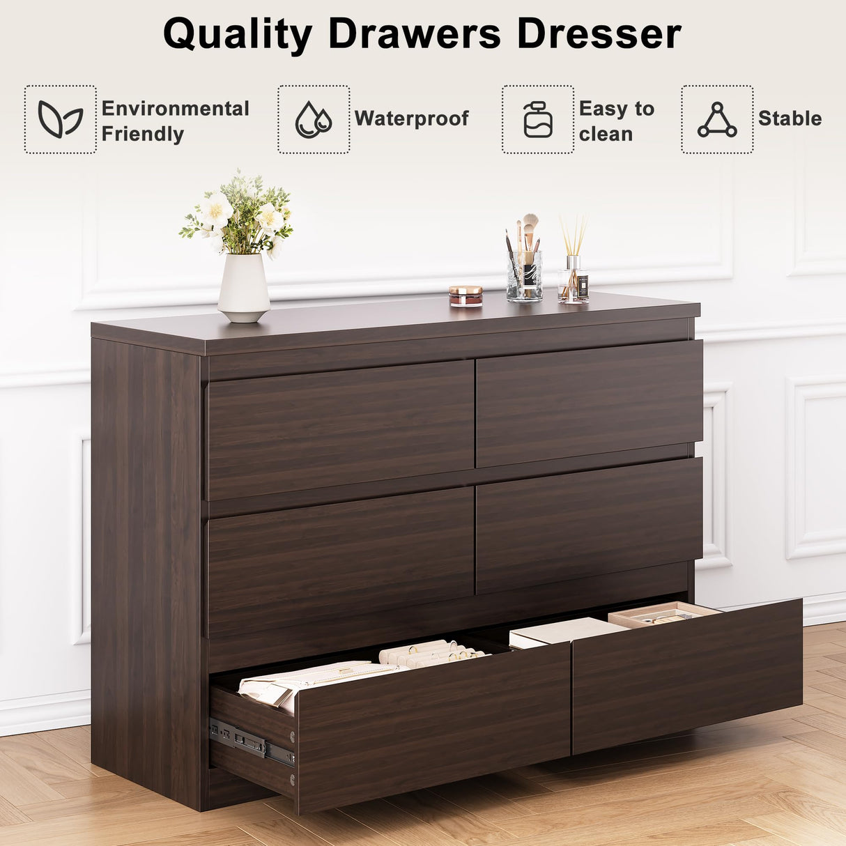 Simply Modern 6-Drawer Dresser, Chest of Drawers for Bedroom, Living Room, Hallway, and Entryway - Large Storage Cabinet with Smooth Metal Rails - Retro Brown Jocoevol