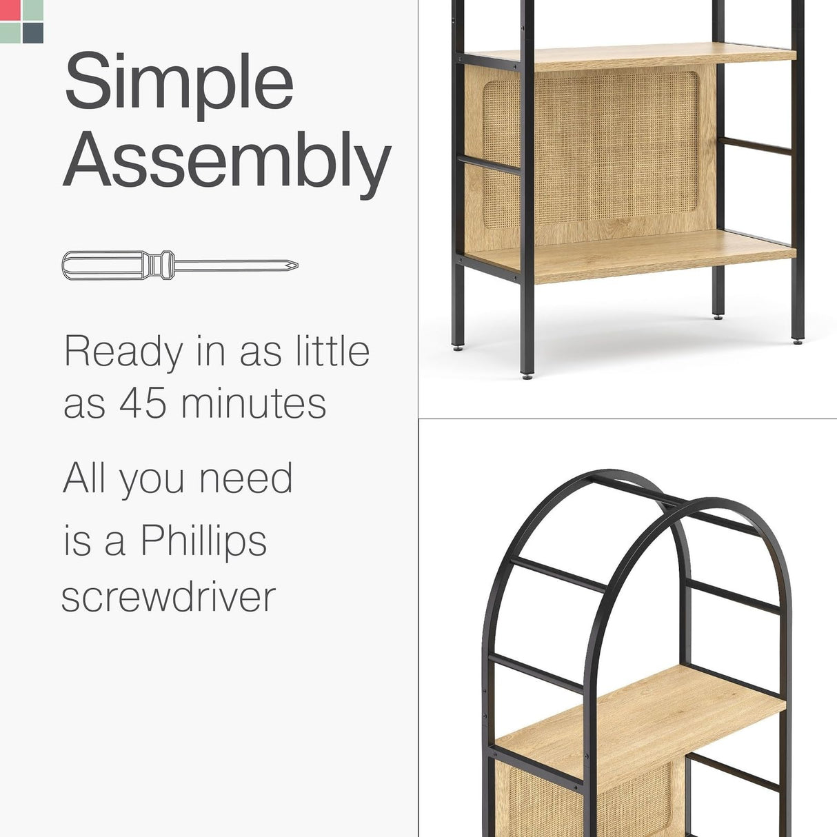 Stead 4-Tiered Arched Book Shelf - Light Oak & Natural Rattan, Metal Frame - Industrial Arched Bookcase & Fluted Bookshelf Stead