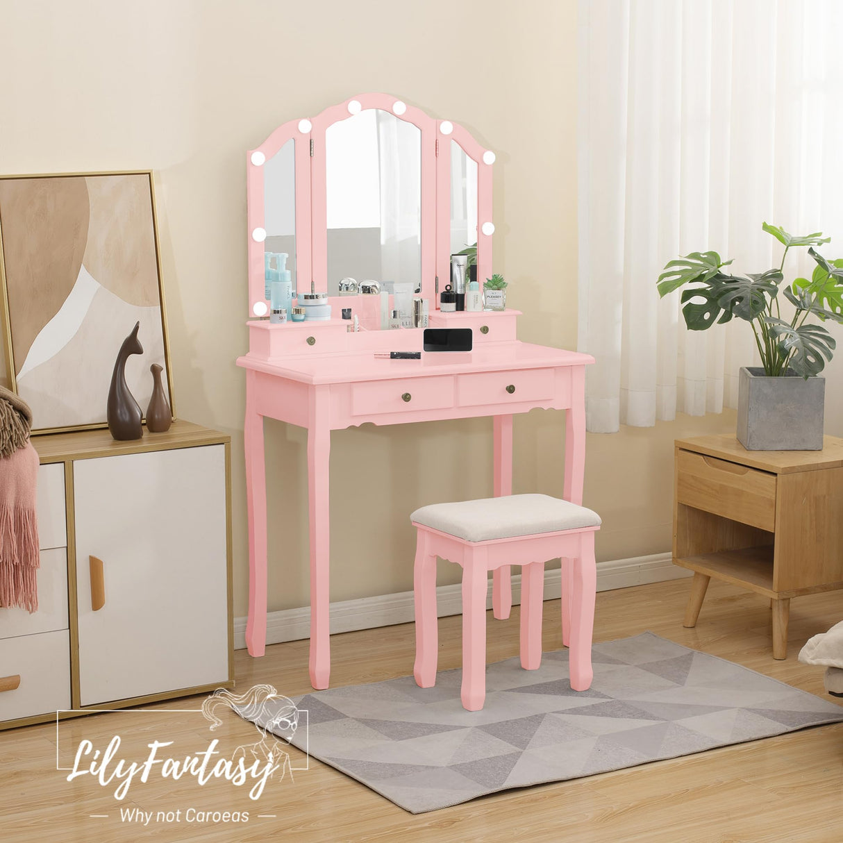 LilyFantasy Vanity Table, Makeup Vanity Table with Lighted Mirror, Vanity Set with Padded Stool, Tri-Fold Bedroom Vanity, 4 Drawers, 2 Open Compartments, Pink Finish LilyFantasy
