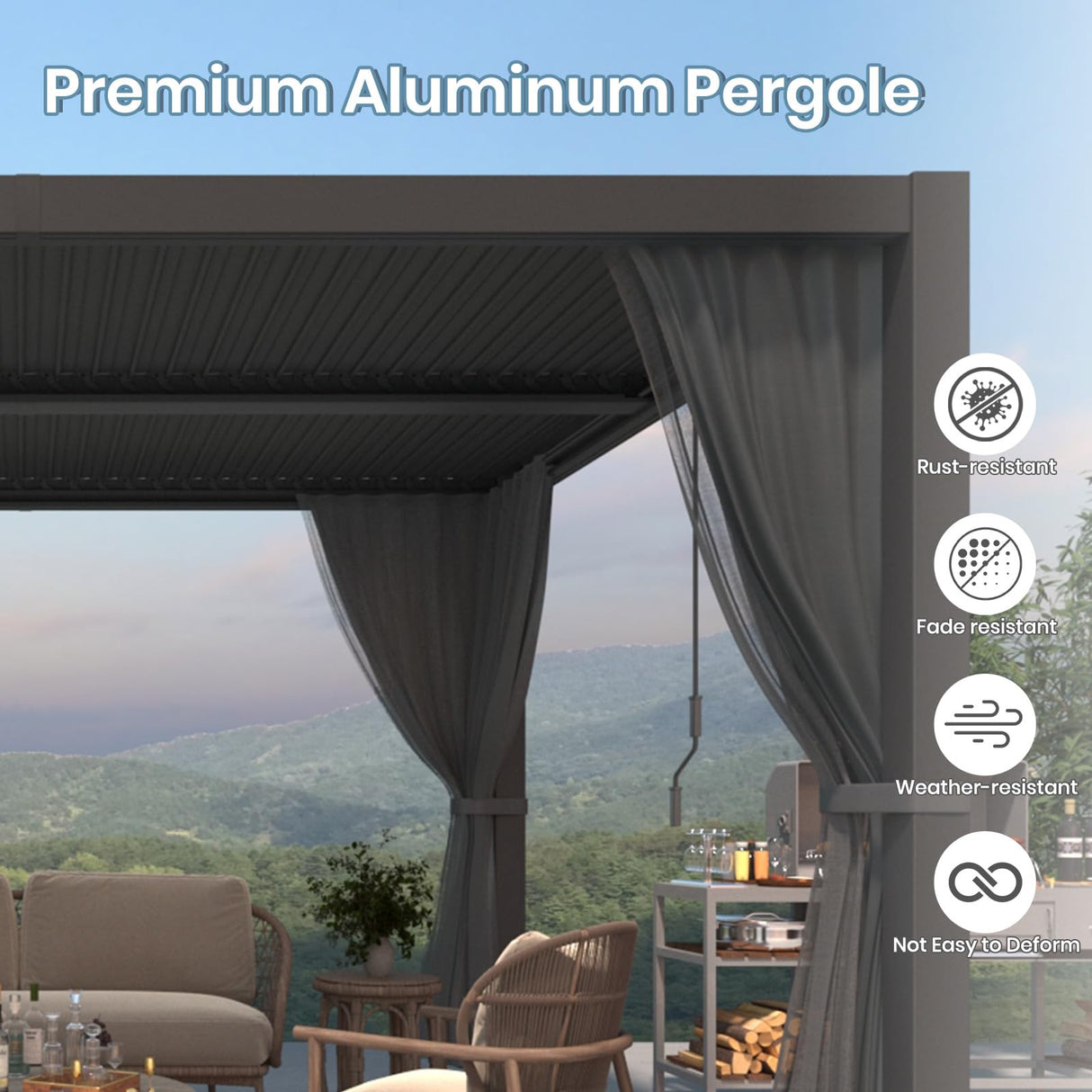 10'×13' Outdoor Louvered Pergola, Aluminum Outdoor Louvered Pergola Patio with Adjustable Roof for Outdoor Deck, Backyard, Garden (10x13FT with Curtain) GS CHIER