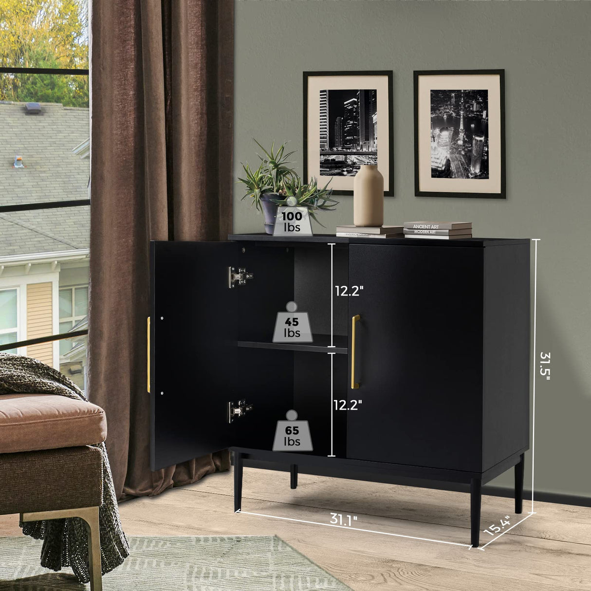 KFO Storage Cabinet with Doors, Black Accent Cabinet, Modern Free Standing Cabinet, Black Sideboard with Metal Base for Bedroom, Living Room, Kitchen and Office KFO