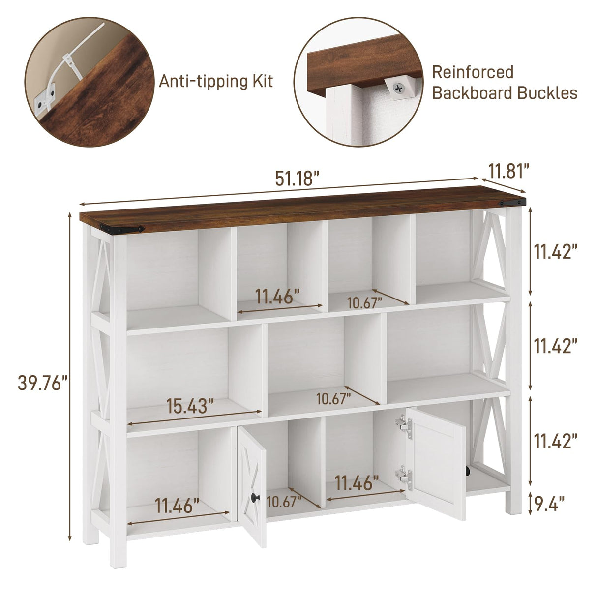 Halitaa Farmhouse Horizontal Bookcase, 11 Cube Storage Organizer Bookshelf, Wooden Open Cube Shelf Bookcase, 3 Tier Cube Display Bookshelves with Storage, Rustic White Halitaa