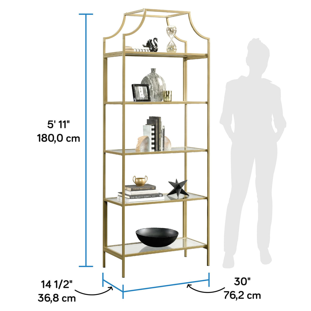 Sauder International Lux Bookcase/ book shelf, Satin Gold finish Sauder