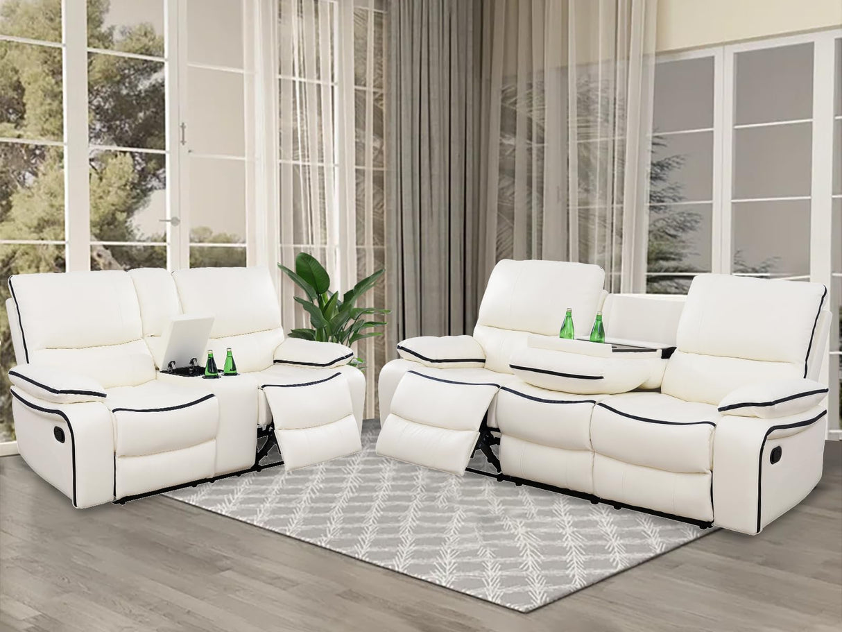Caberryne Leather Recliner Sofa Set,Leather Living Room Furniture Set with Storage Console/Cup Holders,Reclining Sofa Set for House/Home Theater(Sofa&Loveseat 2 Pieces,White) Caberryne
