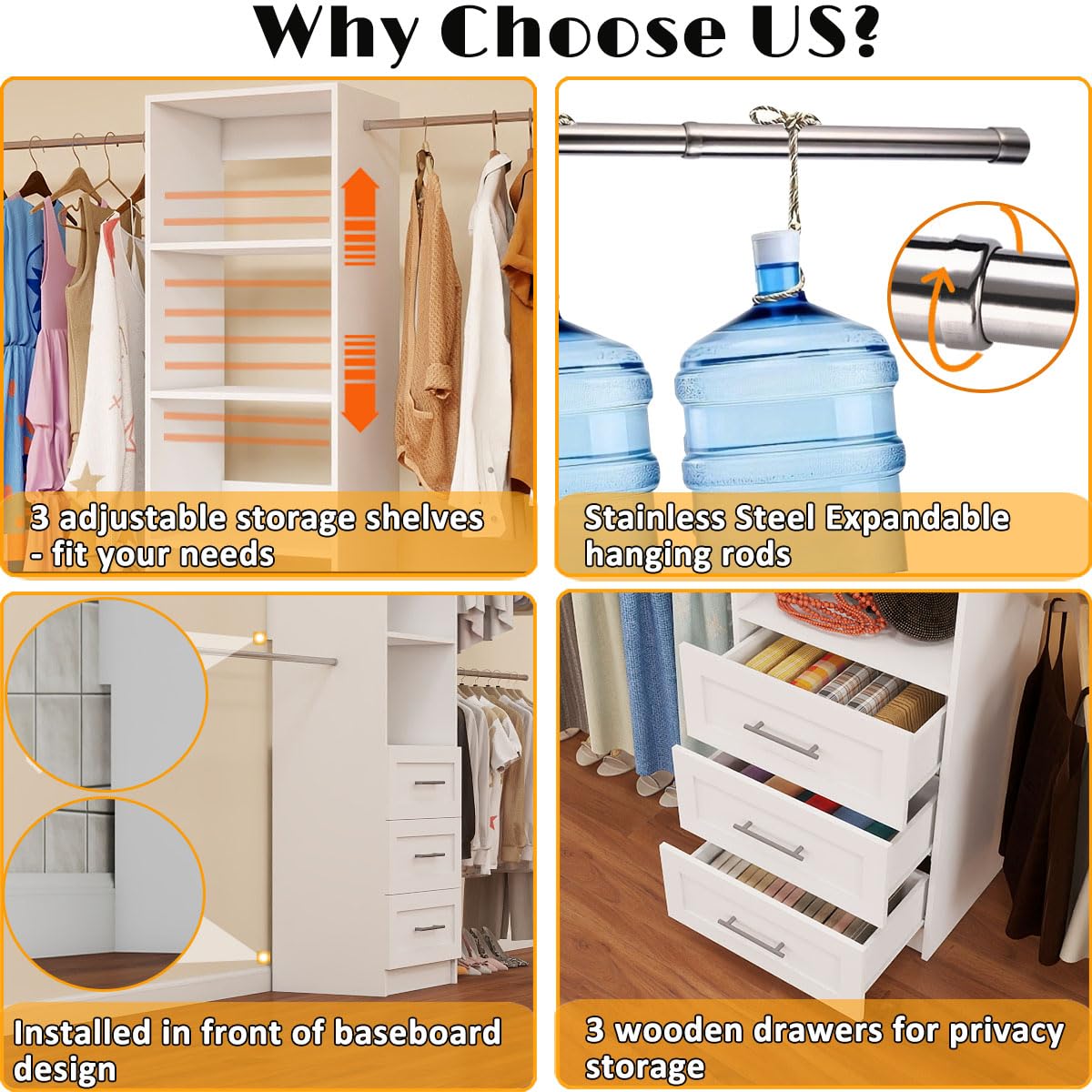 Closet System with Drawers, 5FT-8FT Custom Closet Organizer System 99" Walk in Wood Closet Storage System with 4 Expandable Hanging Rods Wall Mount White Dilando