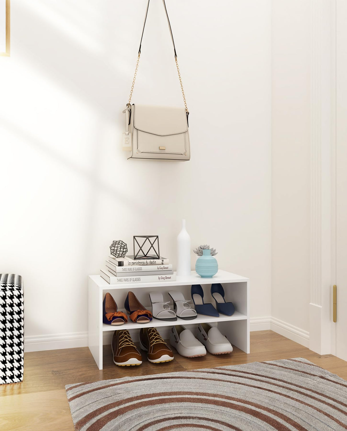 LOWOSA 2-Tier Stackable White Shoe Rack, Wooden 2-Shelf Shoe Organizer Freestanding Shoe Storage Stand for 6-9 Pairs, Perfect for Closet, Entryway, Office Use - Modern White LOWOSA