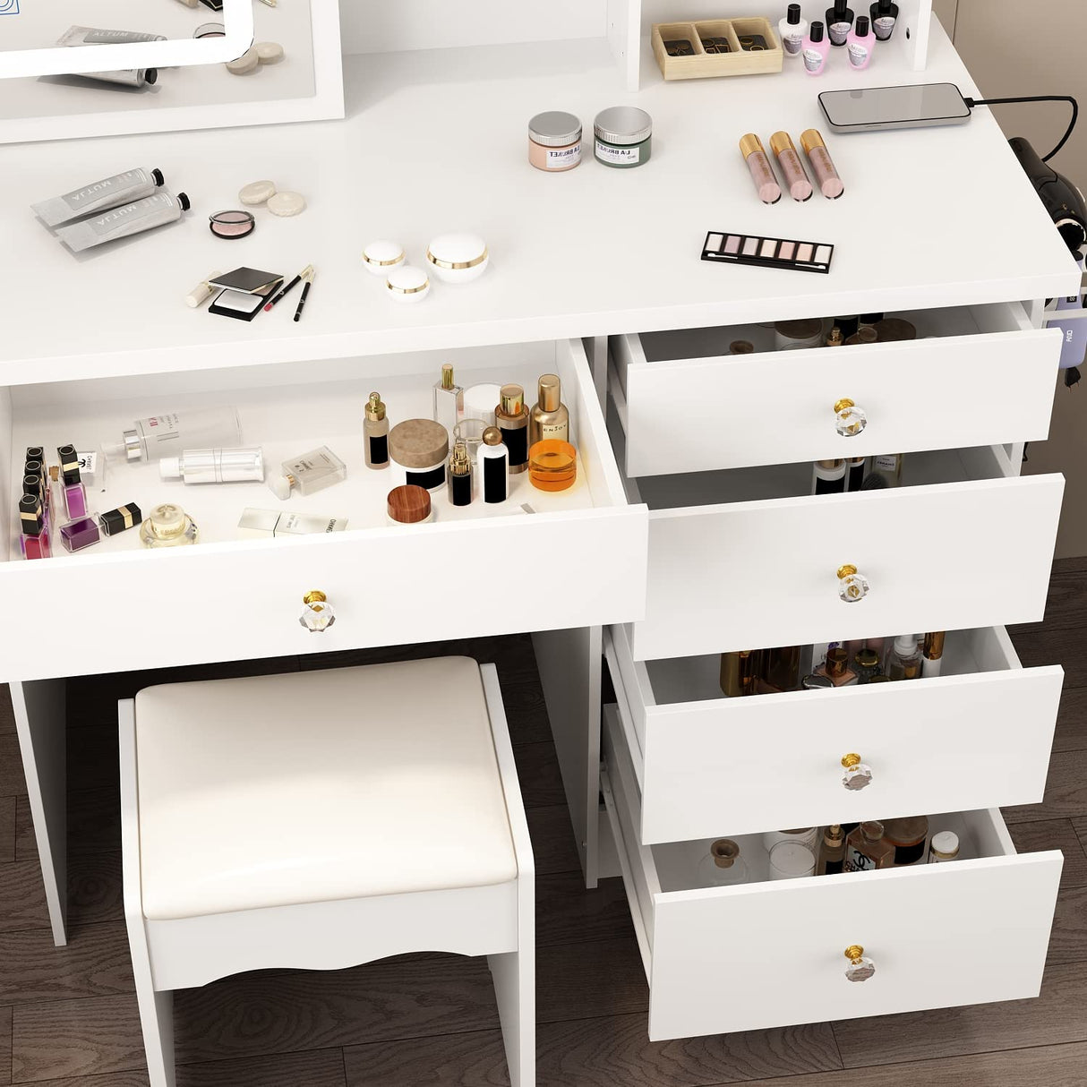 AIEGLE Large Vanity Desk Set with Sliding Lighted Mirror & Build-in Power Strip, 3 Colors LED Lighted Makeup Vanity Drawer Dressing Table with Hair Dryer Rack & Cushioned Stool, White - Power Strip AIEGLE