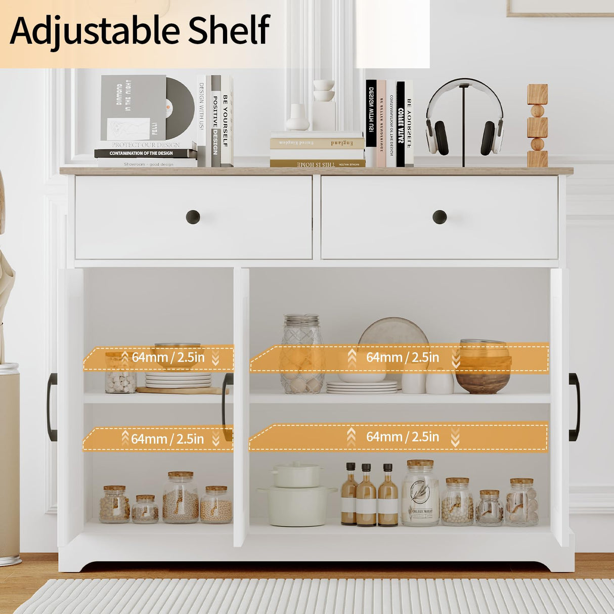 GAOMON 42" Large Buffet Sideboard Storage Cabinet, Farmhouse Sideboard Storage Cabinet with Adjustable Shelf, Drawers and Barn Doors, Wood Coffee Bar Kitchen Table for Entryway Dining Living Room GAOMON