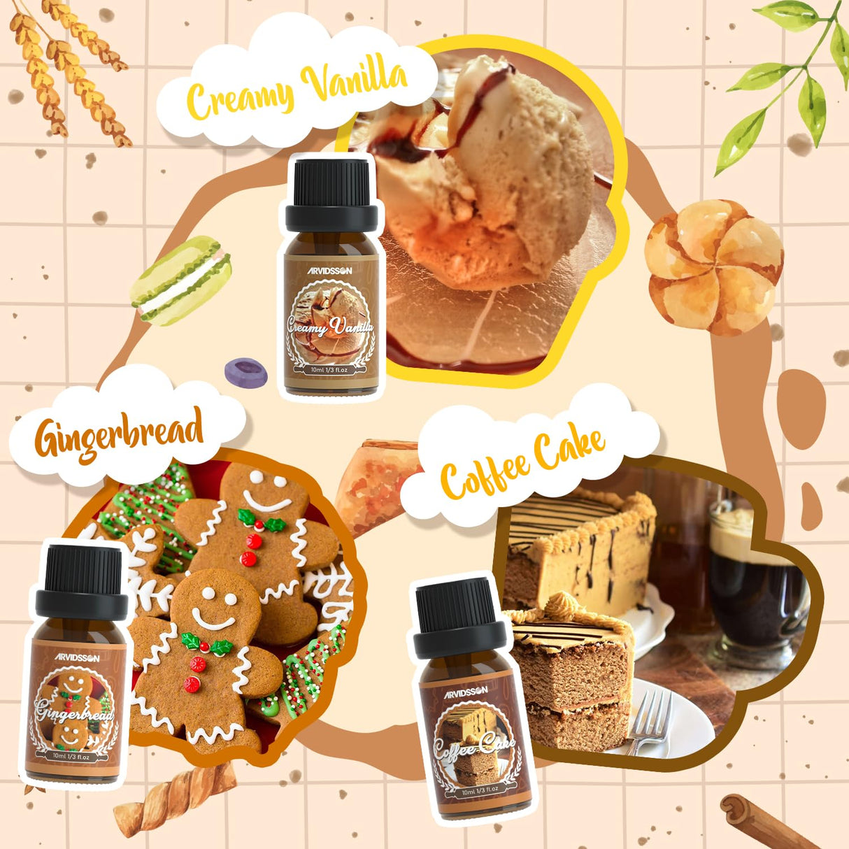 Bakery Fragrance Oils Set, ARVIDSSON Bakery Dessert Essential Oils for Candle Making, Pumpkin Pie, Snickerdoodle, Gingerbread, Creamy Vanilla and More, Cozy Fall Essential Oils for Diffuser ARVIDSSON