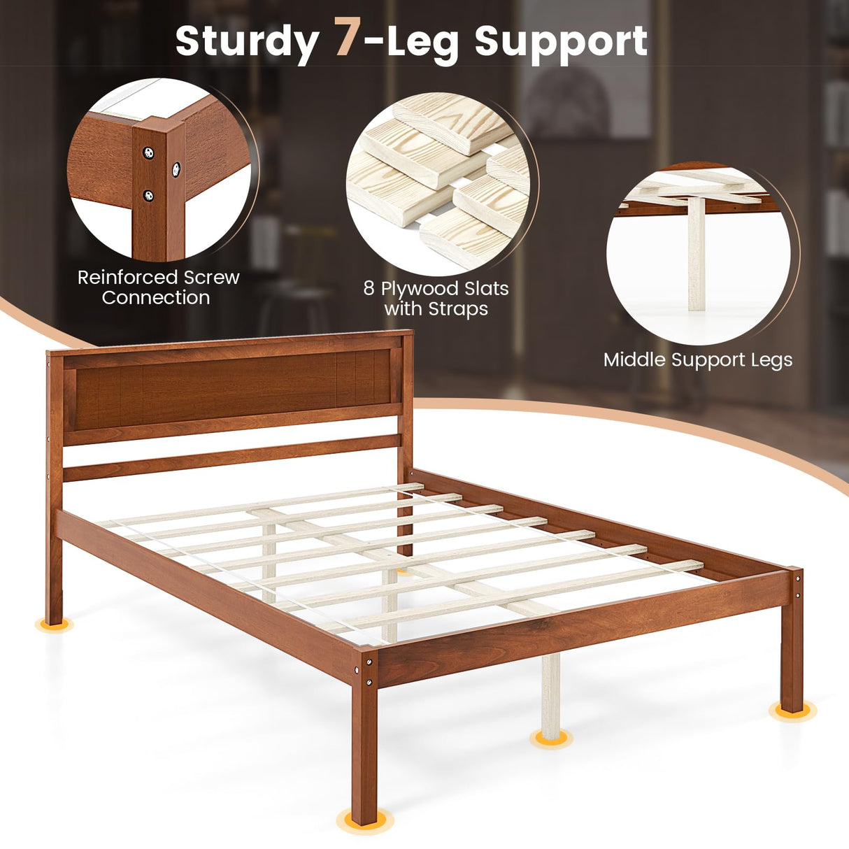 KOMFOTT Full Size Wood Platform Bed Frame with Headboard, Solid Wood Bed Frame with Slat Support, 7-Leg Support, Under Bed Storage, 16-Inch Mattress Foundation Bedroom Furniture, No Box Spring Needed KOMFOTT