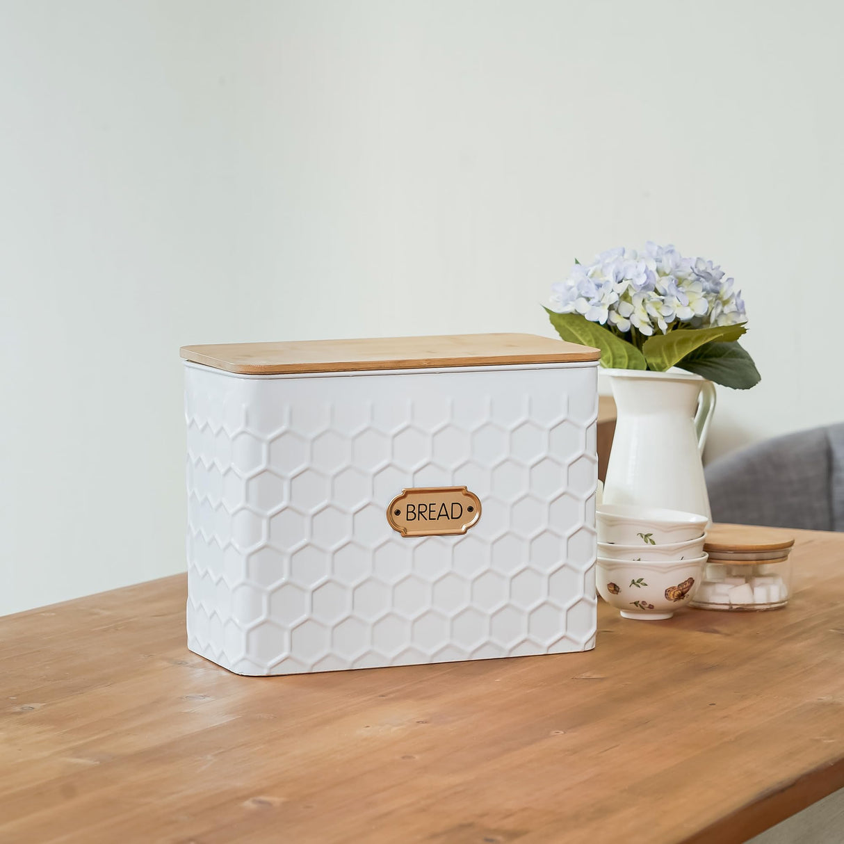 NIKKY HOME Extra Large Space Saving Farmhouse White Bread Box With Bamboo Lid - Holds 2 Loaves - Vertical Breadbox Bread Storage Bin Holder for Kitchen Countertop, Honeycomb Embossed Pattern NIKKY HOME