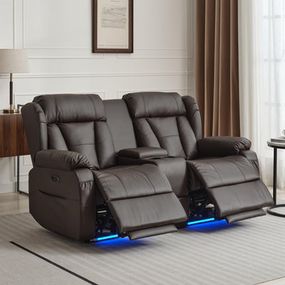 Power Loveseat Recliner Sofa, Home Theater Seating with Console,Reclining Loveseat Sofa RV Couch with LED Lights, Cup Holders, USB, Drawer, Faux Leather for Living Room