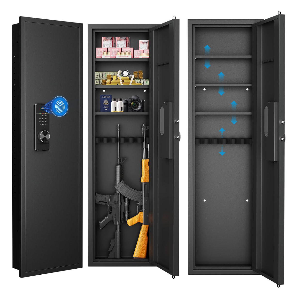 53" in-Wall Safe with Fingerprint Biometric Access - Gun Security Cabinet for Rifles & Pistols Between Studs, Adjustable Shelves, Fully Assembled, Hidden Installation Black Anveffeg