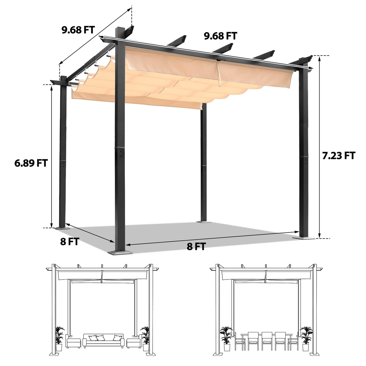 10‘x10’ Louvered Pergola, Retractable with Sun Shade Canopy Patio Pergola, Heavy Duty Aluminum Pergolas for Gardens, Pavilion Grill Gazebo, Backyards and Decks, Grape Trellis (Khaki) HOWSVN