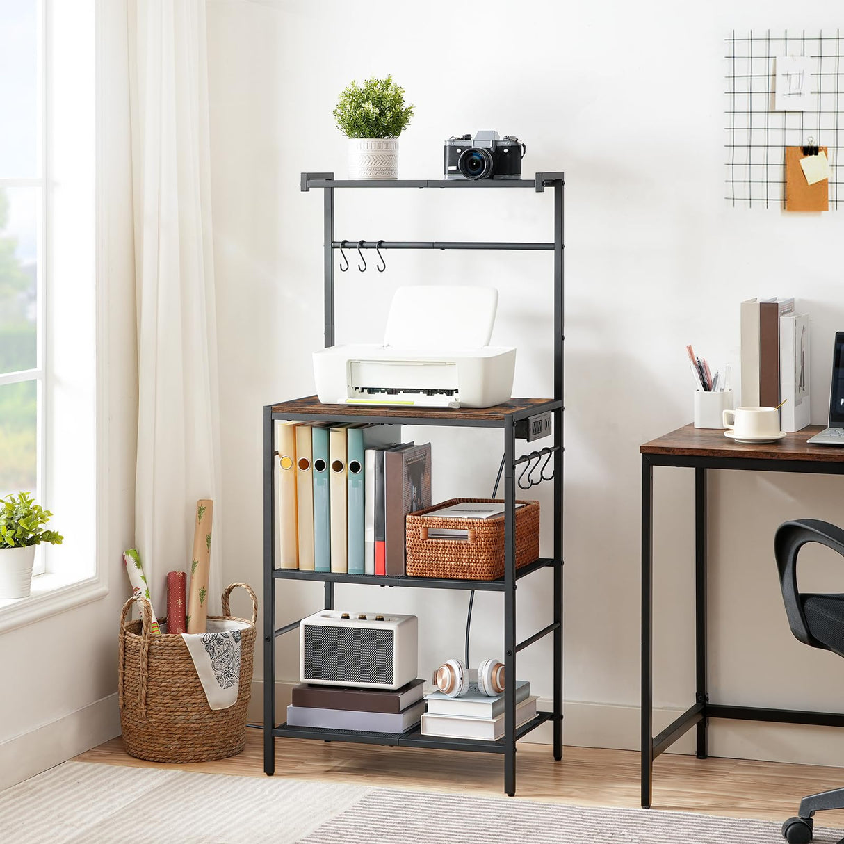 MAHANCRIS Bakers Rack with Charging Station, Microwave Stand with 6 S-Shaped Hooks, 4-Tier Storage Rack, Practical Coffee Bar, for Kitchen, Dining Room, Rustic Brown BRHR35E01 MAHANCRIS