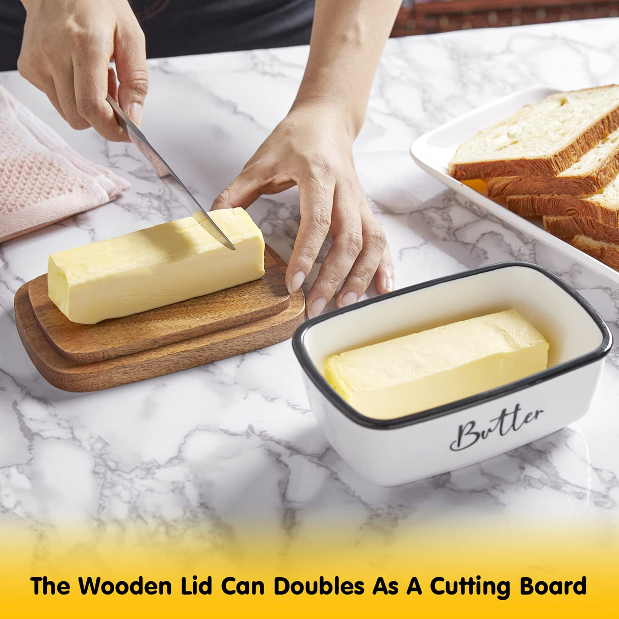Butter Dish with Lid, ALELION Large Ceramic Butter Dish for Countertop, Butter Keeper with Thick Acacia Wood Lid, Kitchen Decor and Accessories for Kitchen Gifts, White ALELION