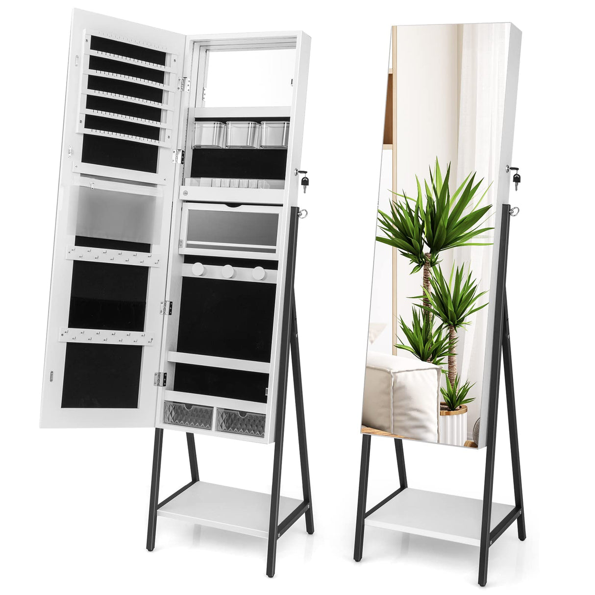 CHARMAID LED Strip Jewelry Armoire with 47.2" H Full Length Mirror, Lockable Jewelry Cabinet Organizer with 3-Color Lights, 3 Brush Boxes, 2 Drawers, Bottom Storage Shelf, Metal Frame (White) CHARMAID