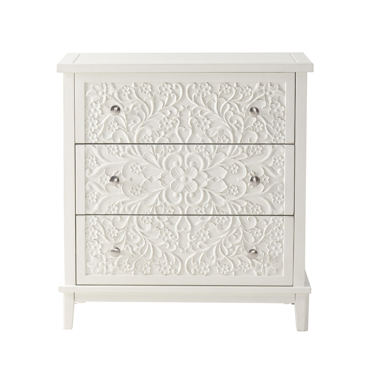 COZAYH 3-Drawer Fully-Assembled Flower Motif Dresser for French Country, Farmhouse, Modern, Rustic Style, Distressed Finish, White-Washed COZAYH