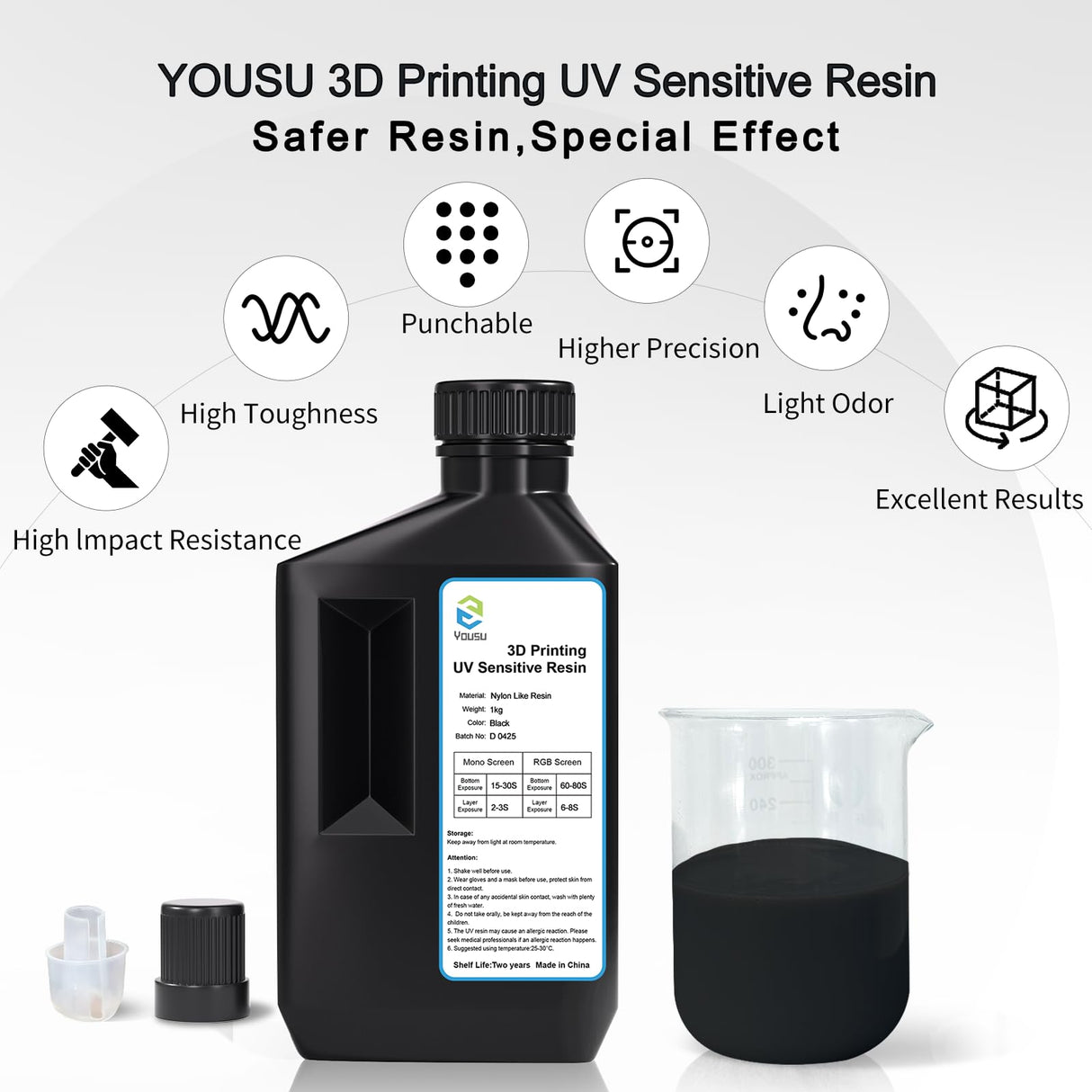 YOUSU Nylon-Like Tough Resin 3D Printer Resin with High Resistance, Functional High-Resolution, 405nm UV Light Curing 3D Printing Liquid for LCD DLP 3D Printer and 8K Capable (1kg, Black) Yousu