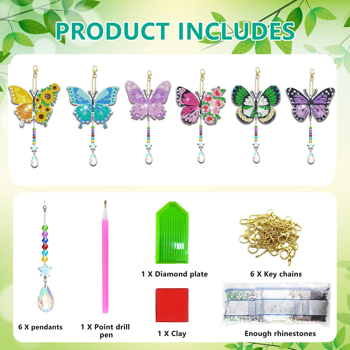 JeCuiK 6 Pcs Butterfly Diamonds Paintings Kits Suncatcher Double Sided Rhinestone Painting Wind Chimes 5D DIY Diamond Painting Kits Paint by Number Crystal Hanging Ornaments Mom Gifts JeCuiK