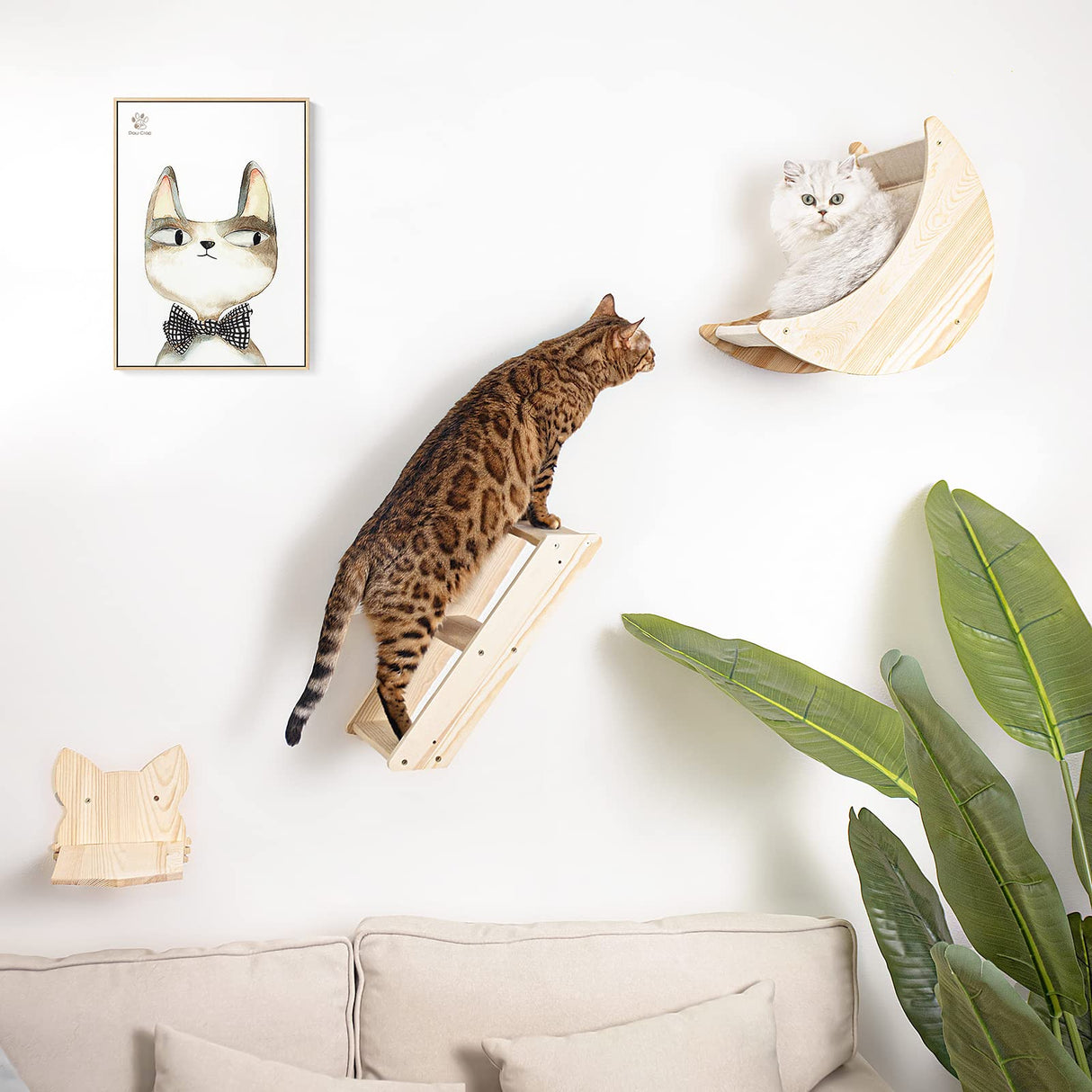 Cat Shelf for Wall Mount Hammock with Climbing Shelves and Perches Solid Wood Cat Steps for Climbing Sleeping Playing Lounging Perching Paw Clap