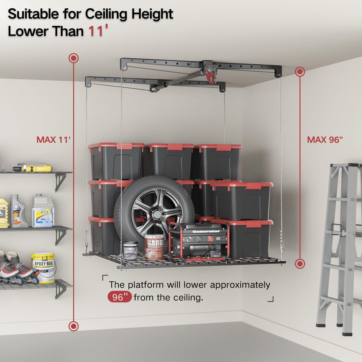 KOKORACKER Overhead Garage Storage Rack, Adjustable Heavy-duty 4x4 Ft Ceiling Storage Racks with Safety Lock, Ideal for Garage Storage Lifting Organization System, 250lbs Capacity KOKORACKER