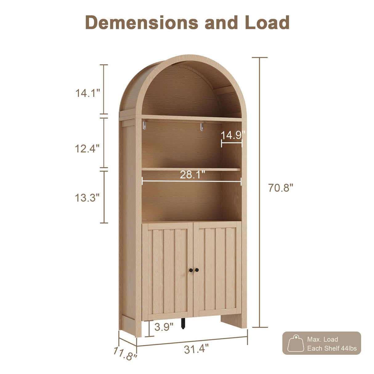 ChooChoo Arched Bookcase with Doors, 3-Tier Farmhouse Bookcase with Adjustable Shelf, Tall Arched Bookshelf for Office, Living Room, Natural ChooChoo