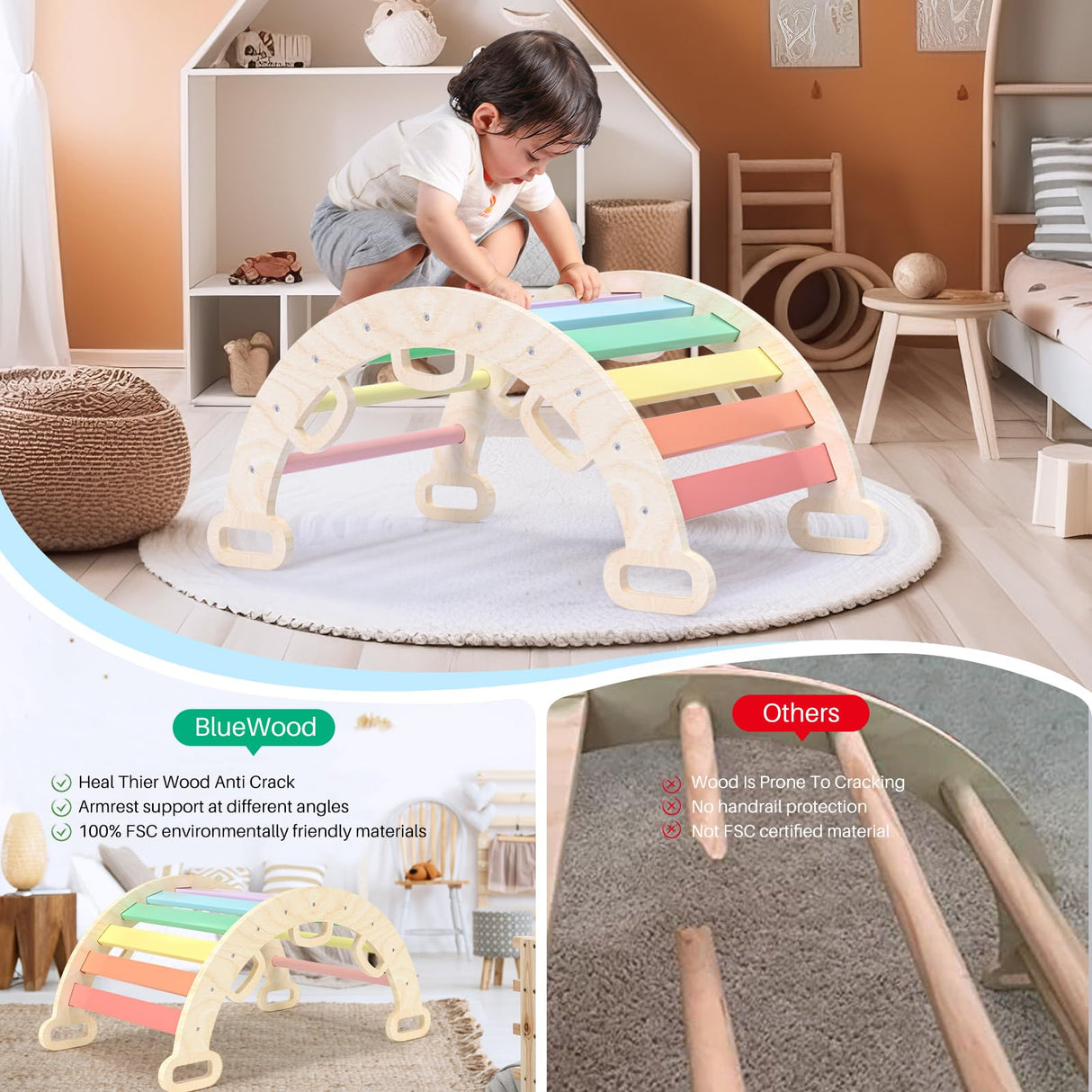 BlueWood Wooden Ladder Arch for Climbing, Rainbow Climbing Toys for Toddlers, Montessori Climbing Set, Waldorf Children Indoor Outdoor Gym Learning Playset, Playground for Kids Gift BlueWood