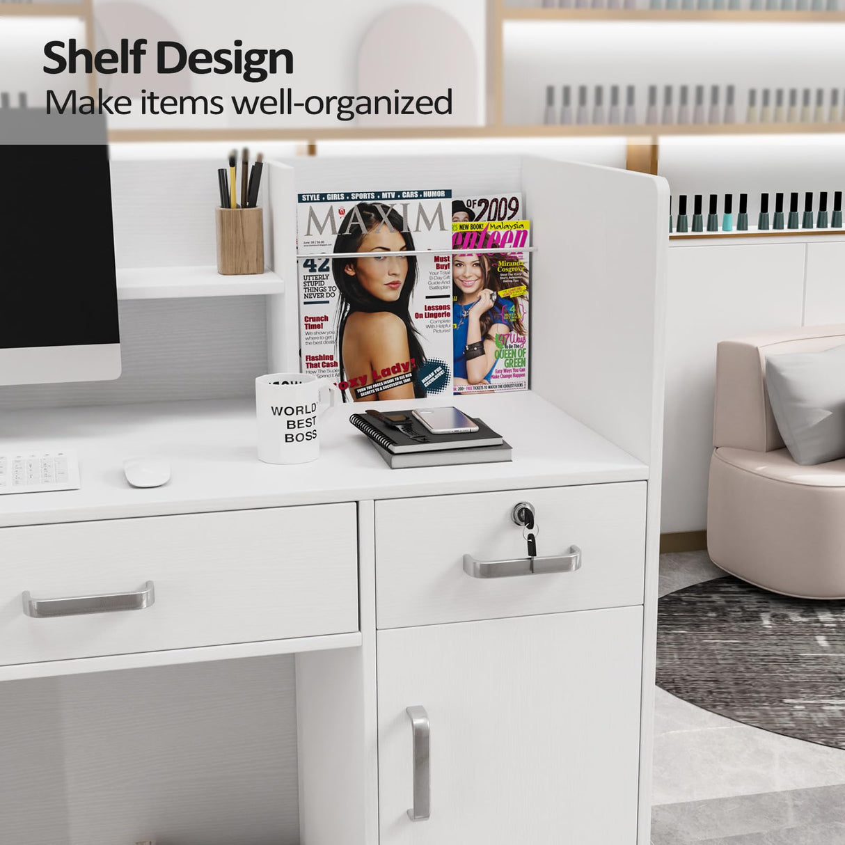 OmySalon Modern Reception Desk, Front Table Counter with Lockable Drawers and Moveable Shelves, Receptionist Desk Retail Checkout, for Lobby Beauty Salon Office, White (47.2”W x 18.9”D x 43.7”H) OmySalon