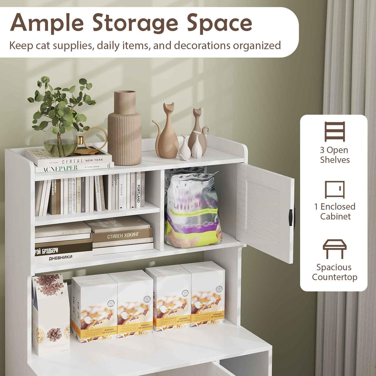 PETSITE Cat Litter Box Enclosure with Storage Shelf, 52 Inches Tall Modern Wooden Hidden Litter Box Furniture with Storage Shelving, Ideal for Indoor Cats (White) PETSITE