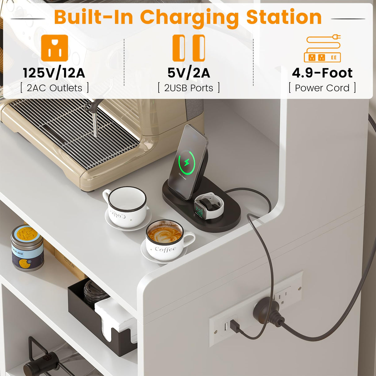 VVFLU Hutch Storage Buffet Cabinet with Drawers, and Charging Station, Coffee Bar Cabinet with Barn Doors, Wine Rack and Hooks, White Wood Sideboard Buffet for Kitchen, Dining Room, 54.5" High VVFLU