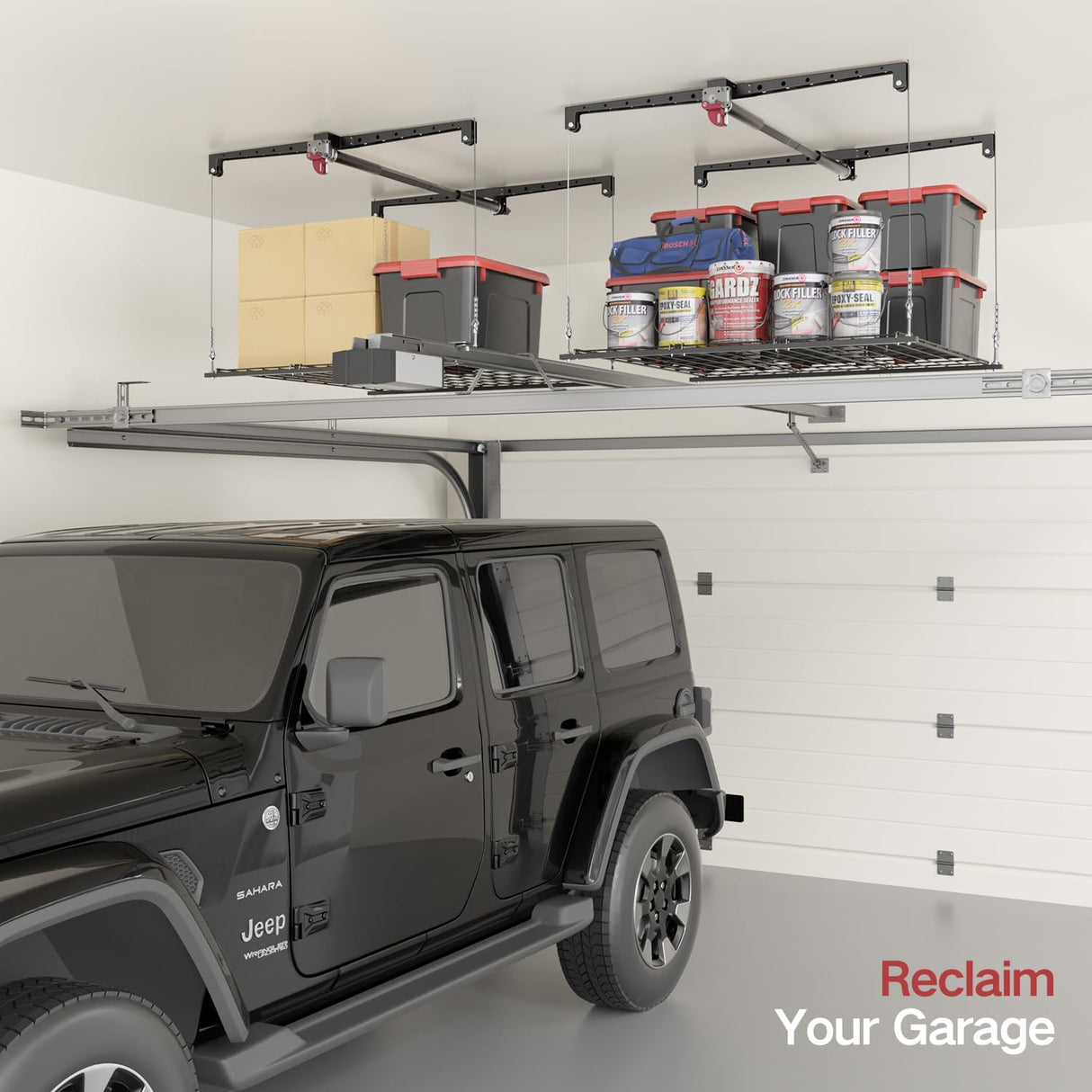 Overhead Garage Storage Rack, Heavy-duty 4x4 FT Ceiling Storage Racks with Safety Lock, Ideal for Garage Storage Mounted Lift System and Storage Organizer, 250lbs Capacity KOKORACKER