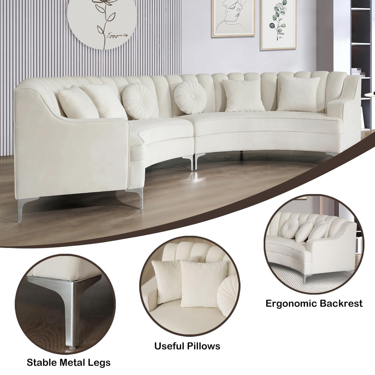 Legend Vansen L Semicircle Velvet Sofa 141.34” Oversized Sectional Curved Sofa for Living Room, Office, Apartment (1, Cream) Legend Vansen