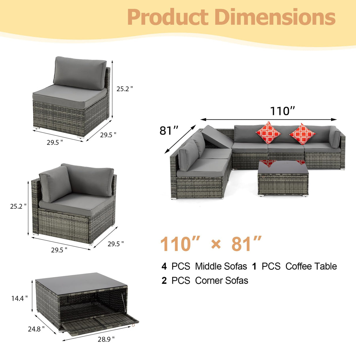 HOMREST 7 Piece Patio Furniture Set with Adjustable Bracket All-Weather Wicker Conversation Set with Coffee Table for Porch Garden Backyard (Gray) HOMREST