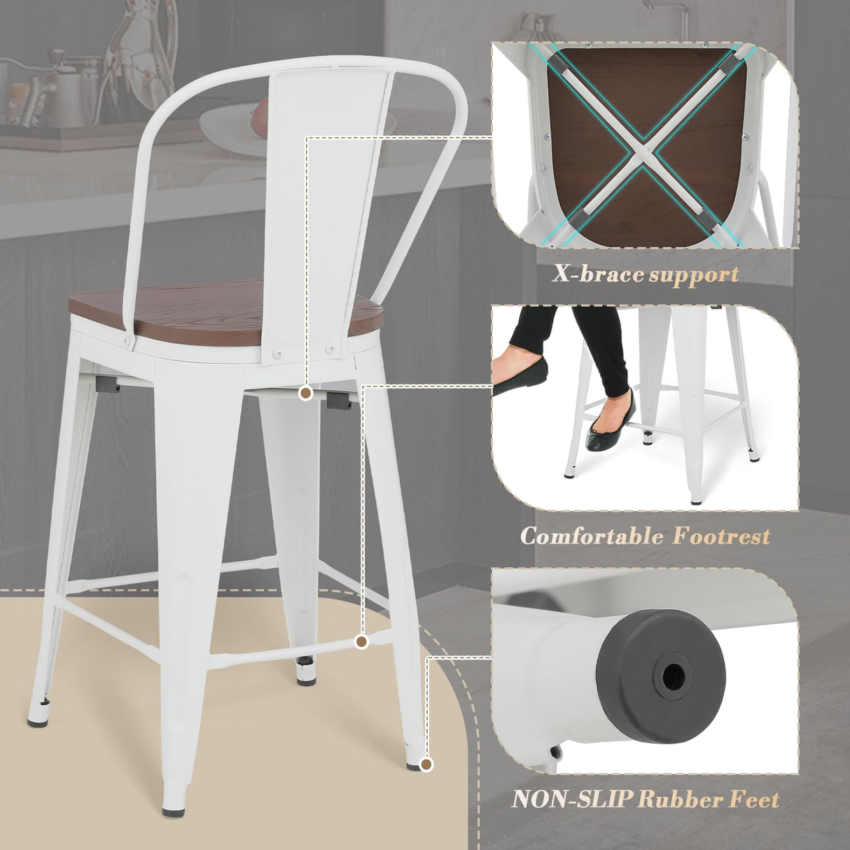 Athena Collection 24.5'' Counter Height Chairs High Back Bar Stools Set of 2, Farmhouse Wooden Seat Metal Frame Barstools Bar Dining Chairs with Footrest for Pub, Bistro, Kitchen, White Athena Collection