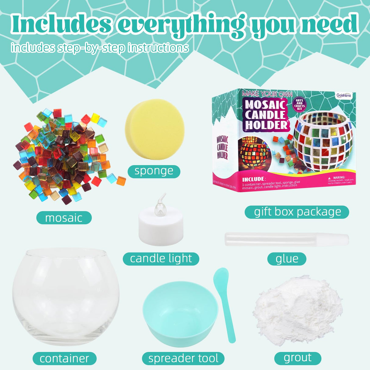 Glass Mosaic Candle Holder Kit, DIY Stained Glass Kit for Kids Adults Home Decor Fun Arts and Crafts Gifts for Kids Teens Adults Valentine Birthday Mother’s Day Gifts for Girls & Boys 6-8, 8-12 goldentime