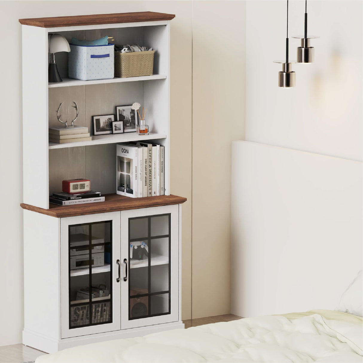 5-Shelf Tall Bookcase with Glass Doors in White - Stylish and Spacious Storage for Home or Office blini