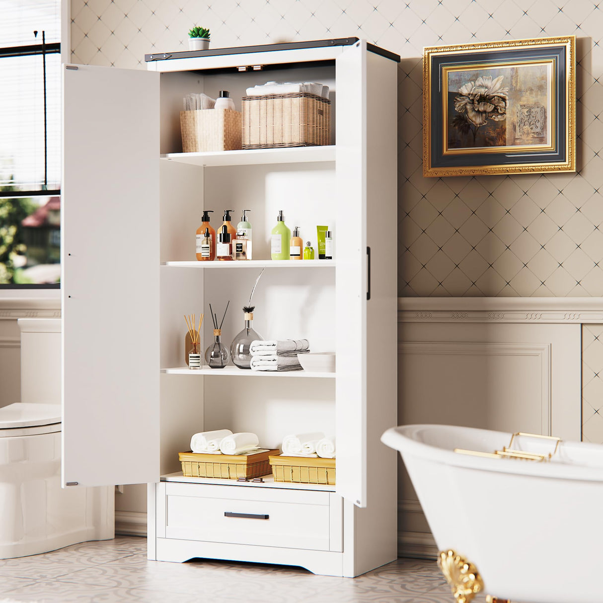 72" Tall Farmhouse Kitchen Pantry with Drawer and 4 Shelves, Large Wood Kitchen Storage Cabinets with 2 Barn Doors & Drawer, Versatile Storage for Dining Room, Bathroom, Antique White Brelley