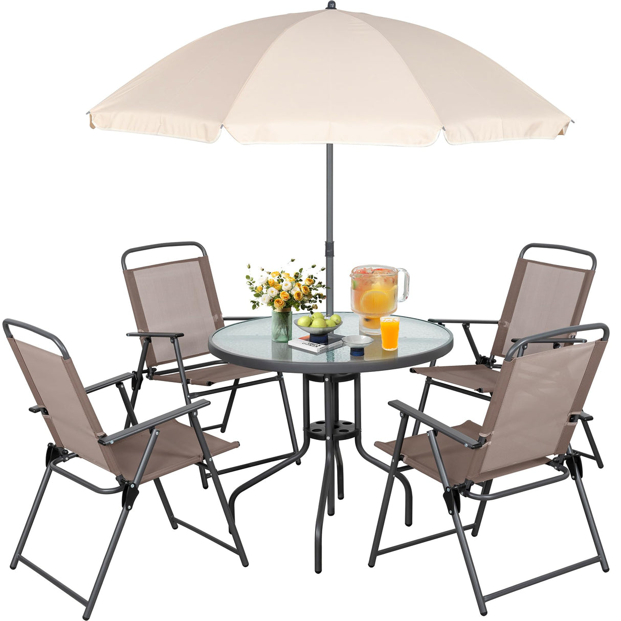Vongrasig 6 Pieces Folding Patio Dining Set, All Weather Small Metal Outdoor Table and Chair Set, Garden Patio Furniture Set w/Umbrella, Glass Table & 4 Folding Chairs for Lawn, Backyard, Brown Vongrasig