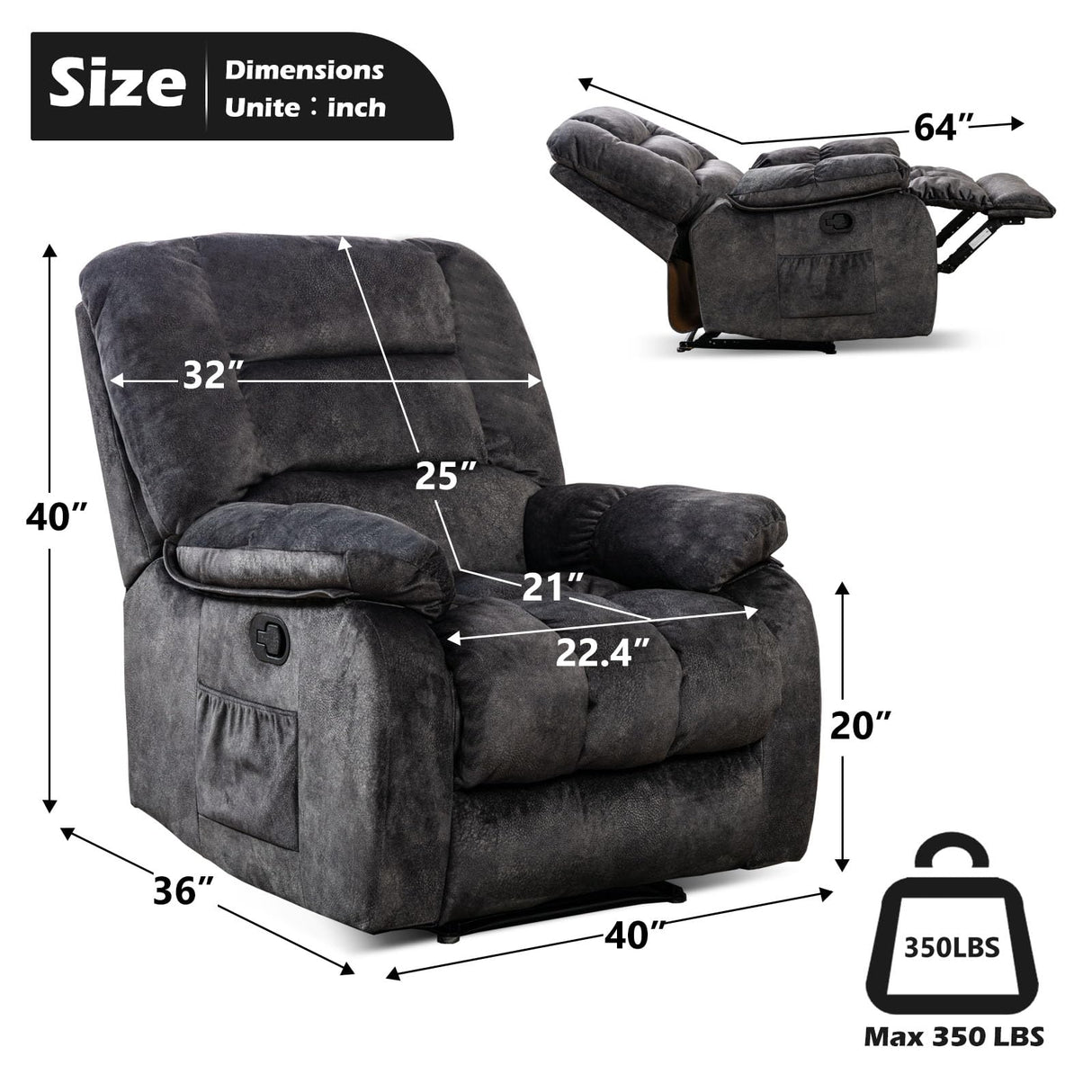 ANJHOME Massage Recliner Chairs with Heat and Vibration,Overstuffed Manual Rocking Reclining Chair for Living Room Bedroom (Grey) ANJ